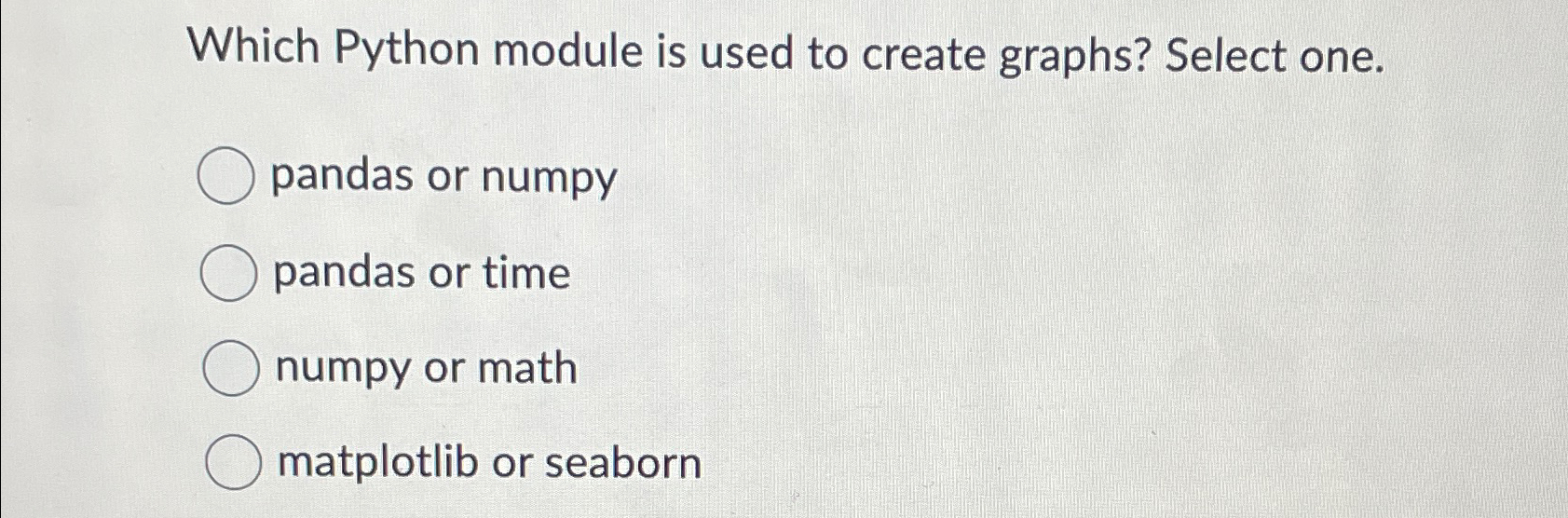 Solved Which Python module is used to create graphs? Select | Chegg.com