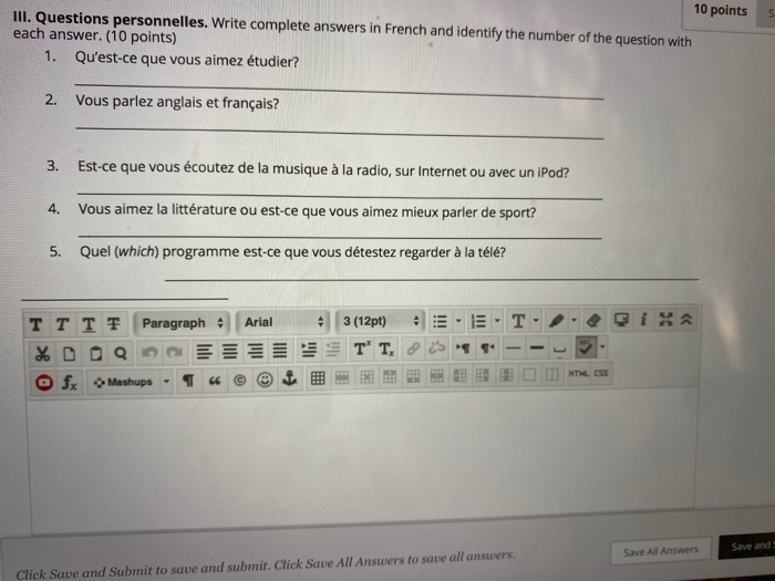 Solved 10 Points 5 Iii Questions Personnelles Write Chegg Com