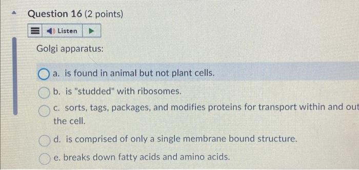 Solved Question 16 ( 2 points) Golgi apparatus: a. is found | Chegg.com