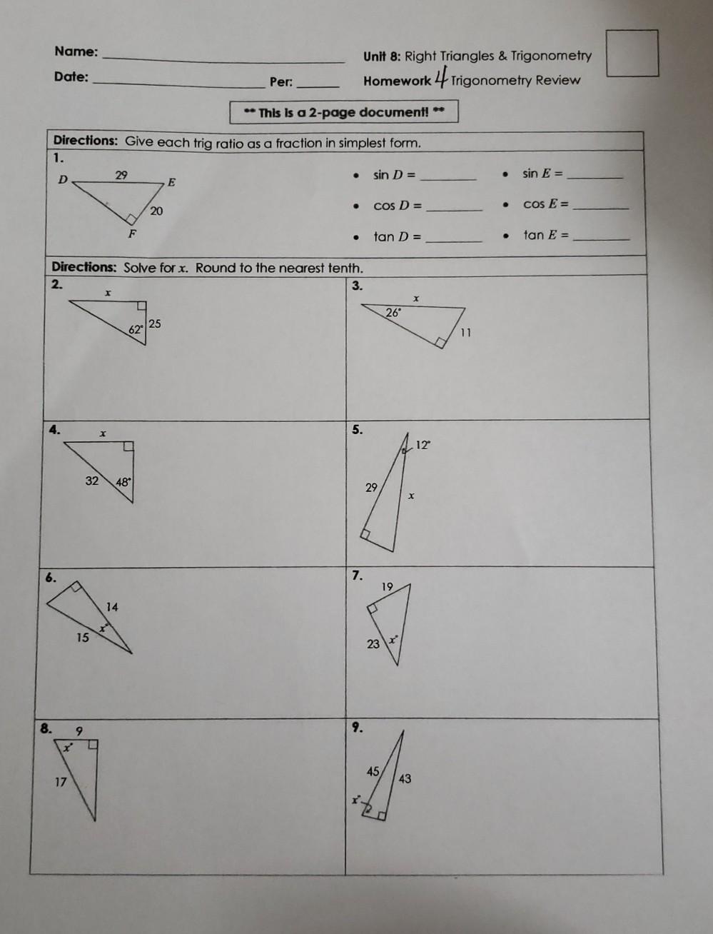 unit 8 homework 2 special right triangles