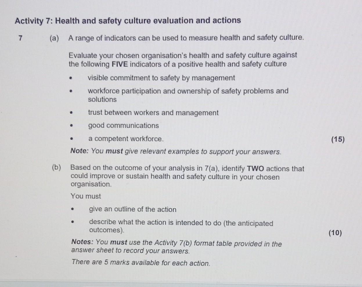 Solved vity 7 Health and safety culture evaluation and