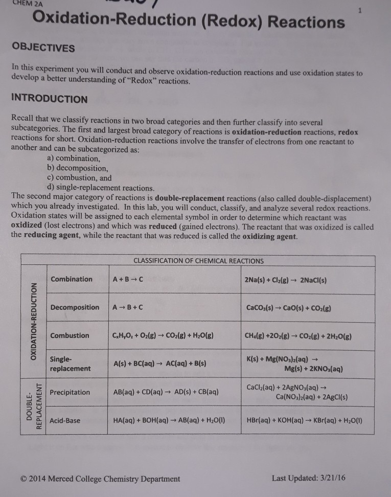 Solved CHEM 2A 1 OxidationReduction (Redox) Reactions