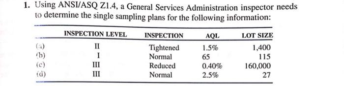 Solved 1. Using ANSI/ASQ Z1.4, a General Services | Chegg.com