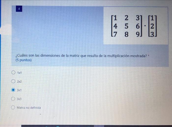 [1 2 31 4 5 61-12 L7 8 9. 13 | ¿Cuáles son las dimensiones de la matriz que resulta de la multiplicación mostrada? (5 puntos)