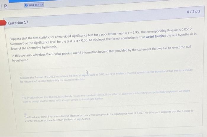 Solved HELP CENTER 0/3 pts Question 17 Suppose that the test | Chegg.com