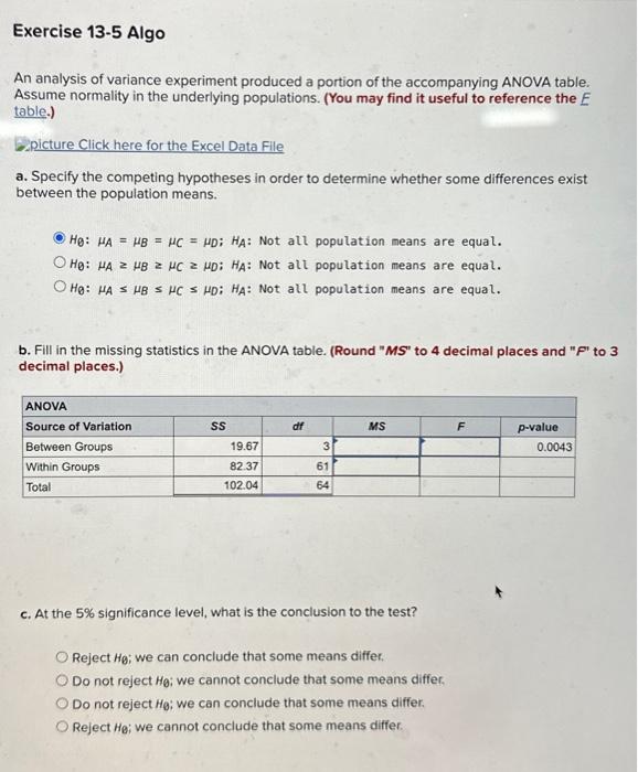 Solved An analysis of variance experiment produced a portion | Chegg.com