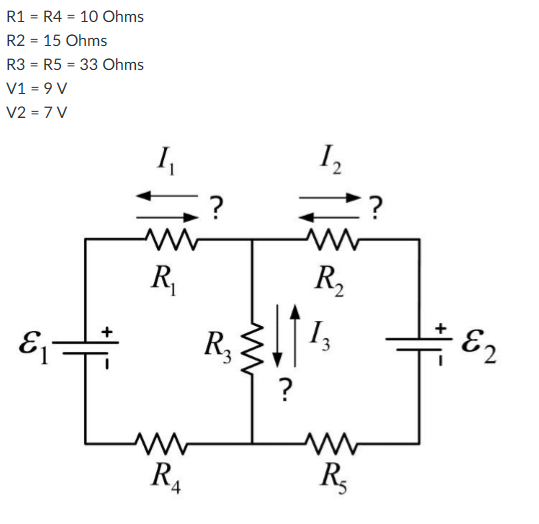 Solved R1=R4=10 Ohms R2=15 Ohms R3=R5=33 Ohms V1=9V V2=7V | Chegg.com
