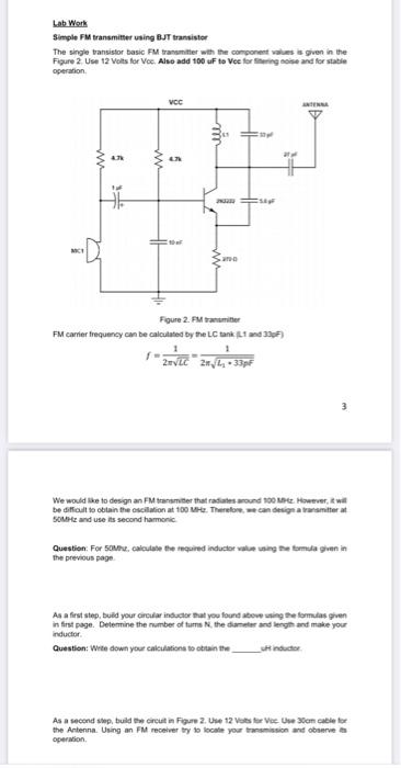 Solved Lab Work Simple FM transmitter using BJT transistor