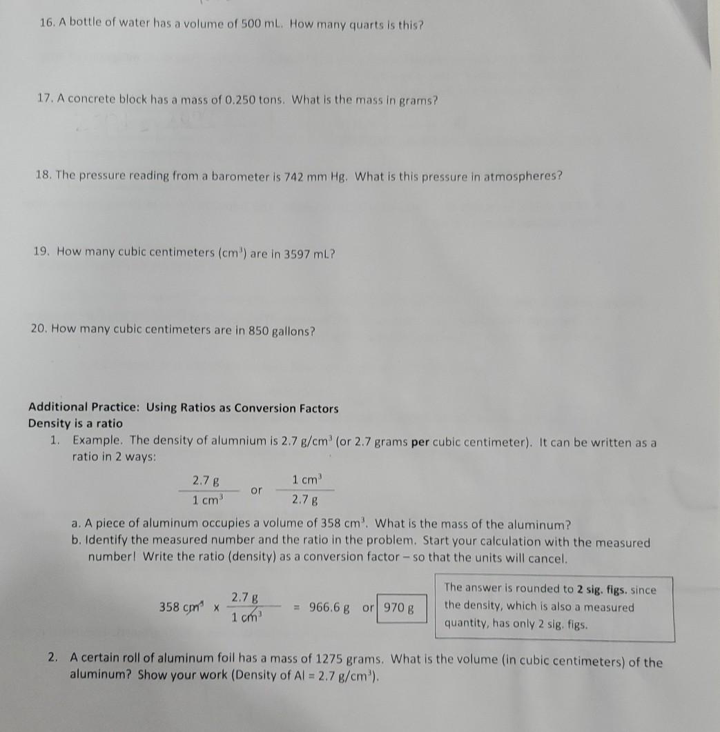 Solved 16 A Bottle Of Water Has A Volume Of 500 Ml How Chegg Com