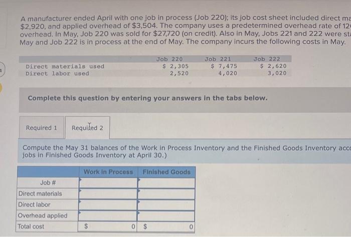 Solved A manufacturer ended April with one job in process | Chegg.com