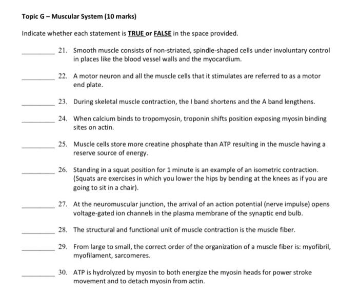 Solved Topic G - Muscular System (10 marks) Indicate whether 