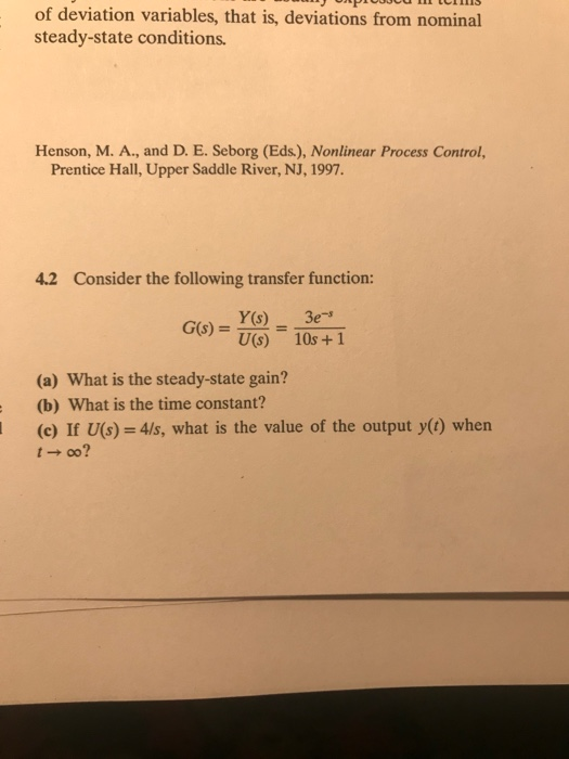 Solved 4.4 Consider the transfer function model in Exercise | Chegg.com