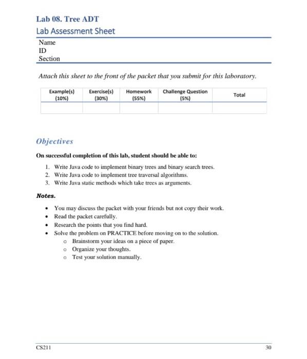 Lab 08. Tree ADT Lab Assessment Sheet Name ID Section | Chegg.com