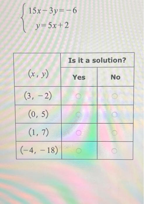 \( \left\{\begin{array}{c}15 x-3 y=-6 \\ y=5 x+2\end{array}\right. \)