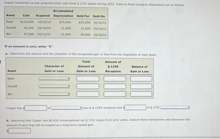 If an amount is zero, enter  0 .
a. Determine the amount and the character of the recognized gain or foss from the disposit