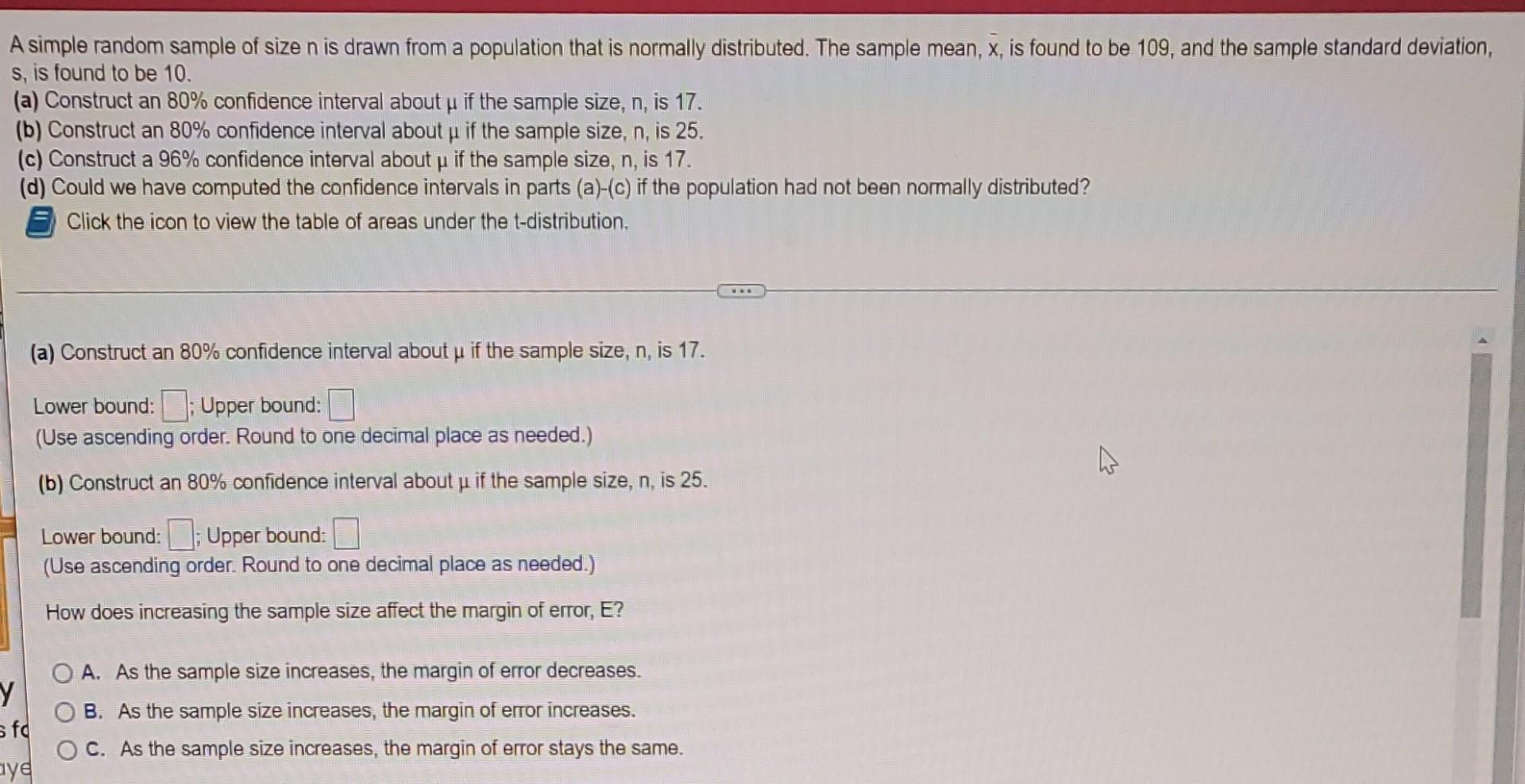 Solved (c) Construct a 96% confidence interval about if the | Chegg.com