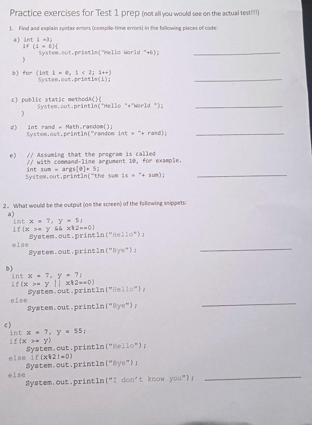 Solved Practice exercises for Test 1 prep (not all you would | Chegg.com