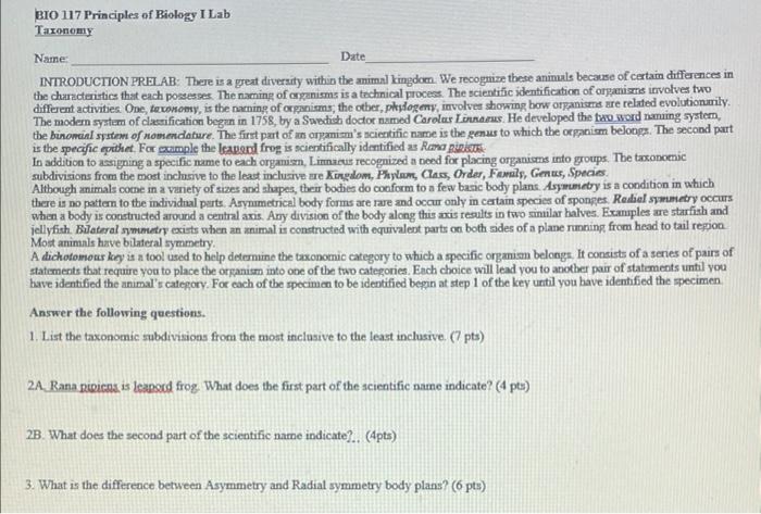 Solved BIO 117 Principles of Biology I Lab Taxonomy Name 