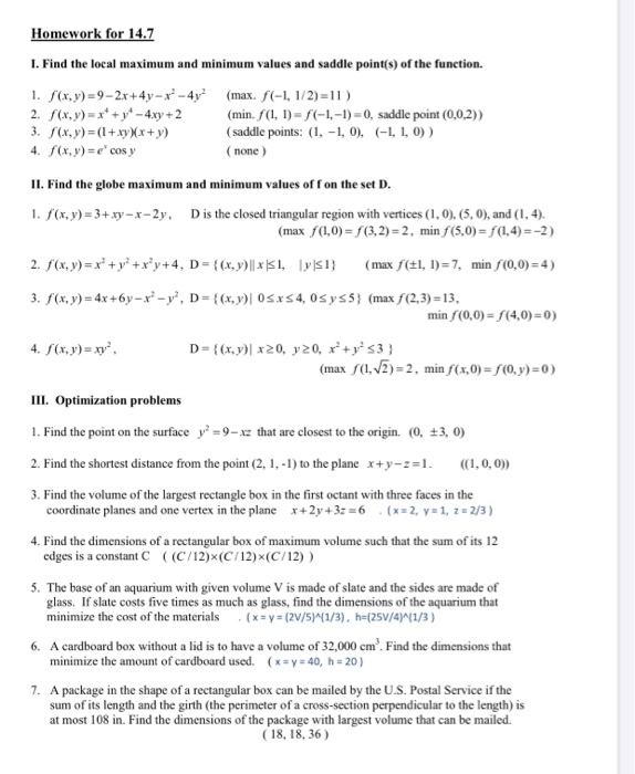 Solved Homework For 14 7 Find The Local Maximum And Chegg Com