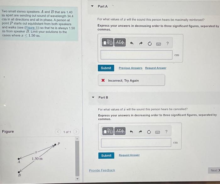 Solved Two Small Stereo Speakers A And B That Are 1.40 M | Chegg.com