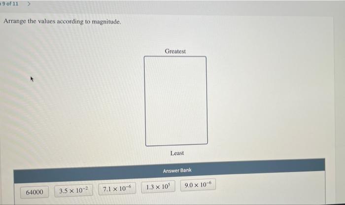 Solved 9 of 11 > Arrange the values according to magnitude. | Chegg.com