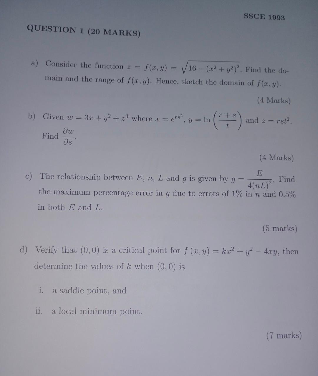 Solved Ssce 1993 Question 1 Marks A Consider The Fu Chegg Com