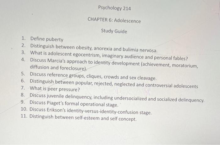 Solved Psychology 214 CHAPTER 6 Adolescence Study Guide 1