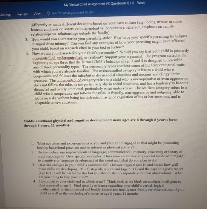 Mailings My Virtual Child Assignment 3 Questions(t) | Chegg.com