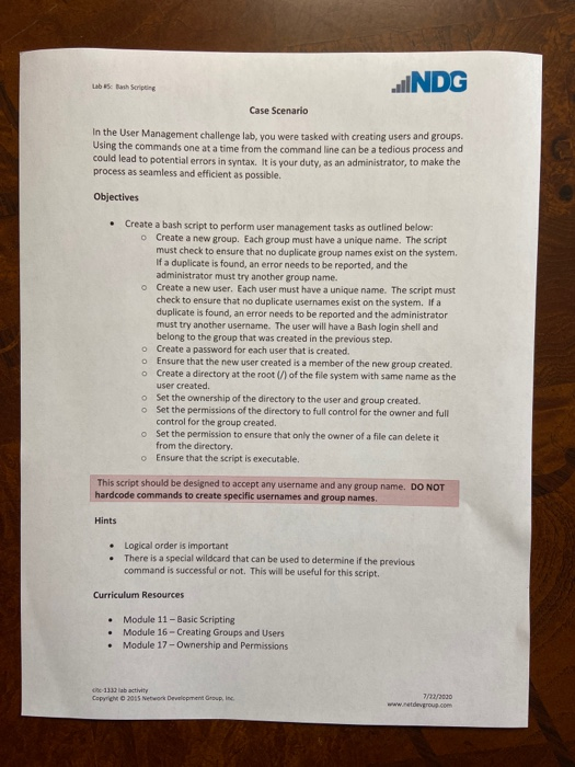 Solved Lab 5 Bashscripting Indg Case Scenario In The User Chegg Com