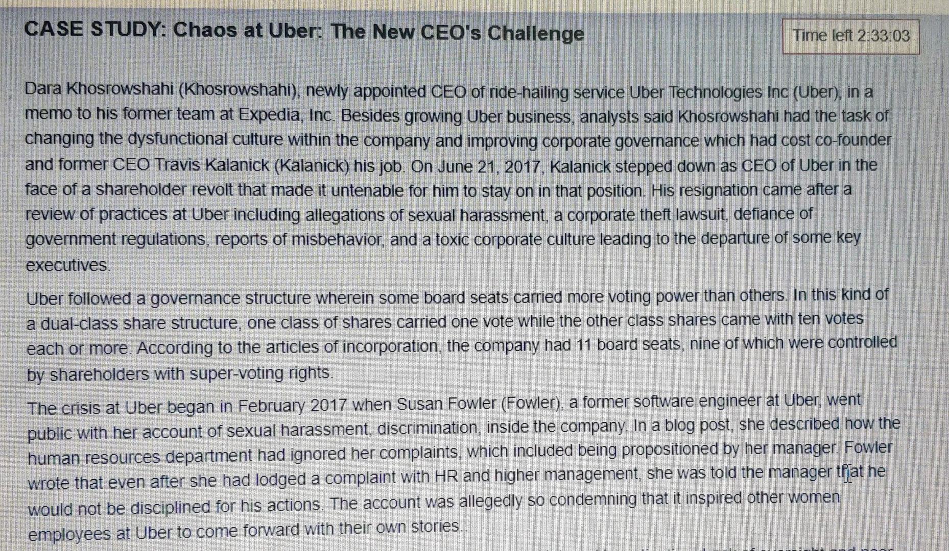 Solved CASE STUDY Chaos At Uber The New CEO S Challenge Chegg Com