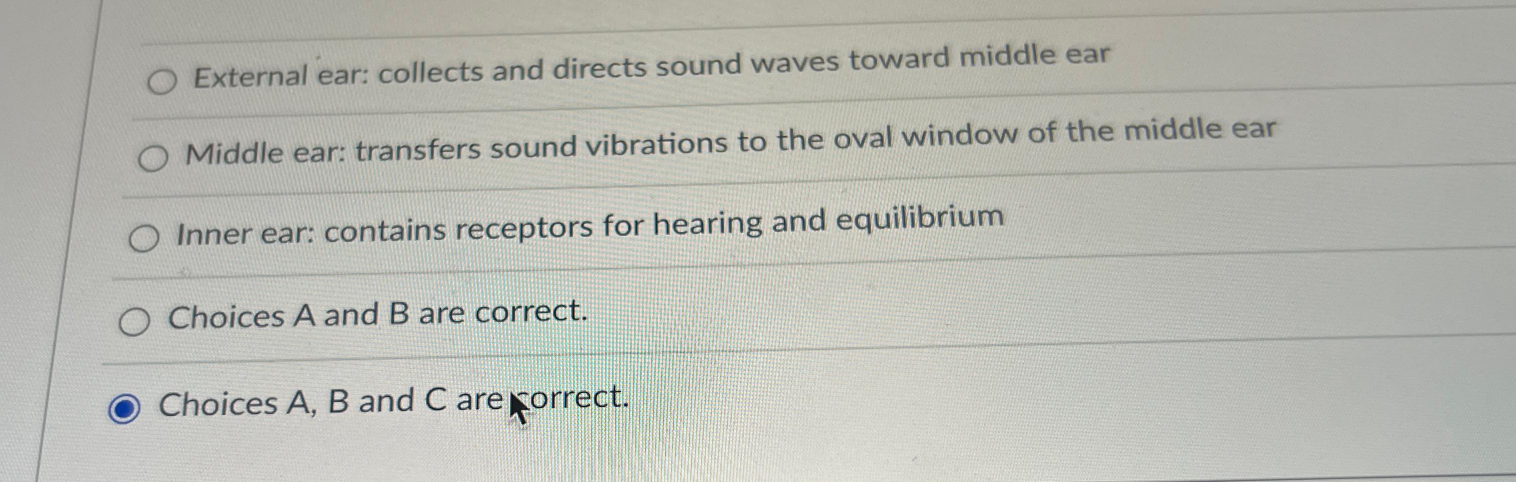 Solved External ear collects and directs sound waves toward