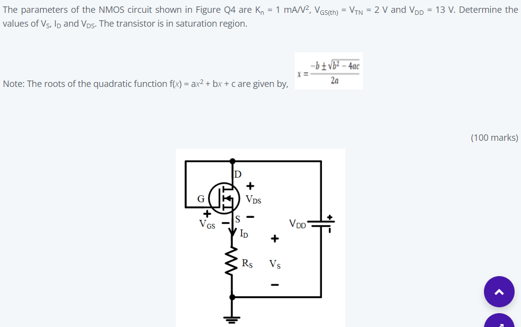 Solved The parameters of the NMOS circuit shown in Figure Q4 | Chegg.com