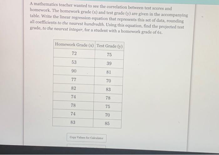 Solved A mathematics teacher wanted to see the correlation | Chegg.com