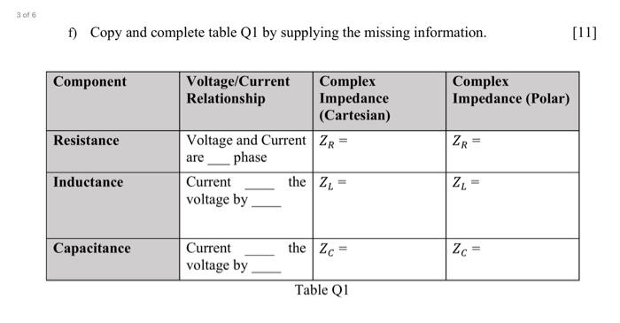 Solved 3 of 6 ) Copy and complete table Q1 by supplying the | Chegg.com