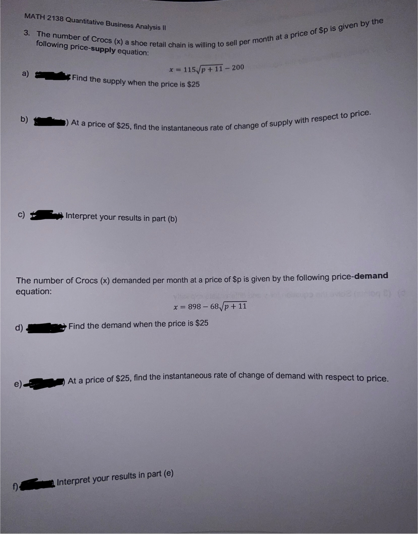 Solved MATH 2138 ﻿Quantitative Business Analysis II | Chegg.com