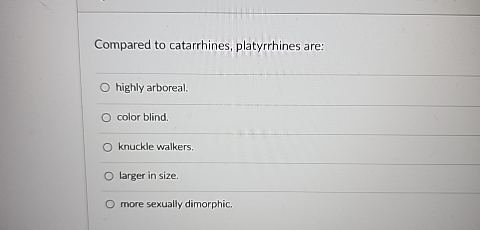 Solved Compared to catarrhines, platyrrhines are:highly | Chegg.com