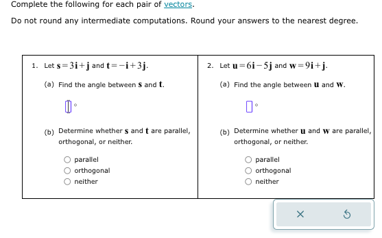 Solved Complete the following for each pair of vectors.Do | Chegg.com