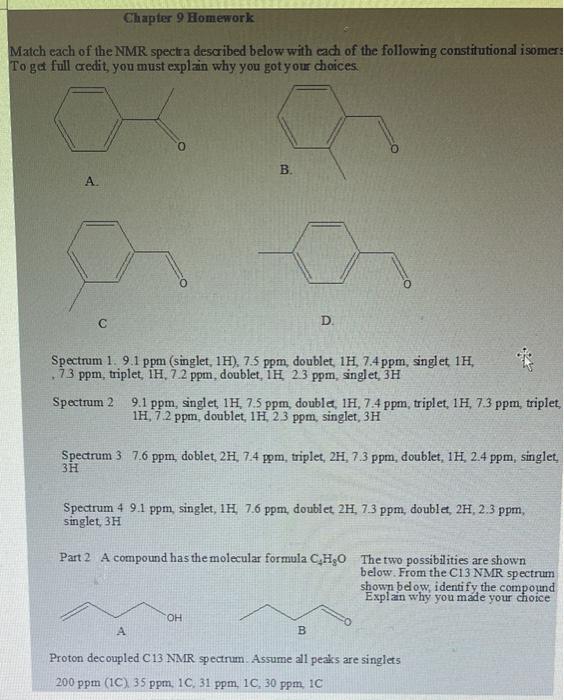 Solved Chapter 9 Homework Match each of the NMR spectra | Chegg.com