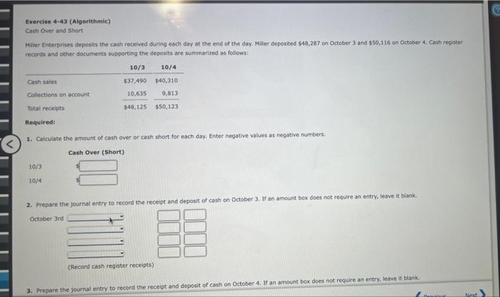 Solved Exercise 4-43 (Algerithmic) Cash Over and Short M ler | Chegg.com