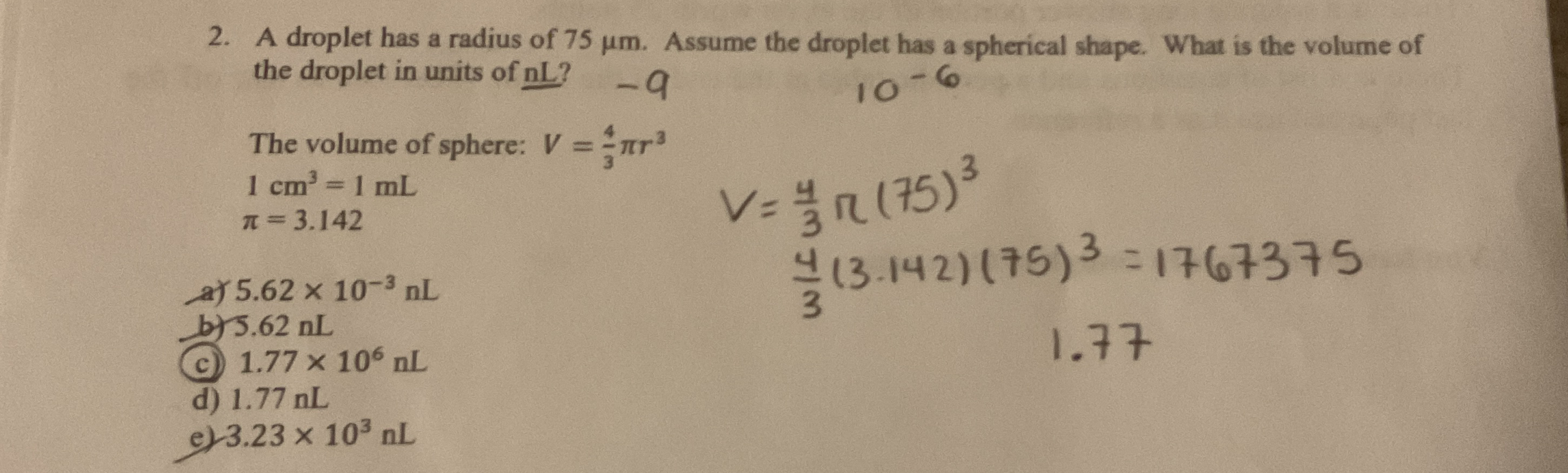 Solved A droplet has a radius of 75μm. ﻿Assume the droplet | Chegg.com
