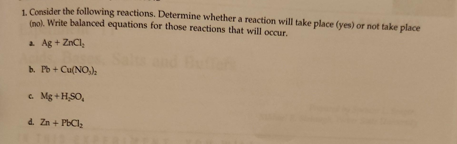 Solved 1. Consider The Following Reactions. Determine | Chegg.com