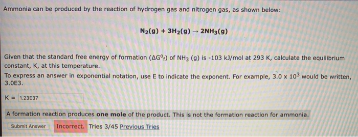 Solved Ammonia can be produced by the reaction of hydrogen | Chegg.com