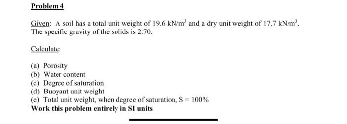 Solved Problem 4 Given: A soil has a total unit weight of | Chegg.com