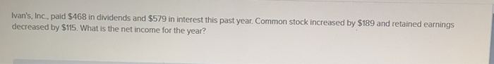 Solved Ivan's, Inc., paid $468 in dividends and $579 in | Chegg.com