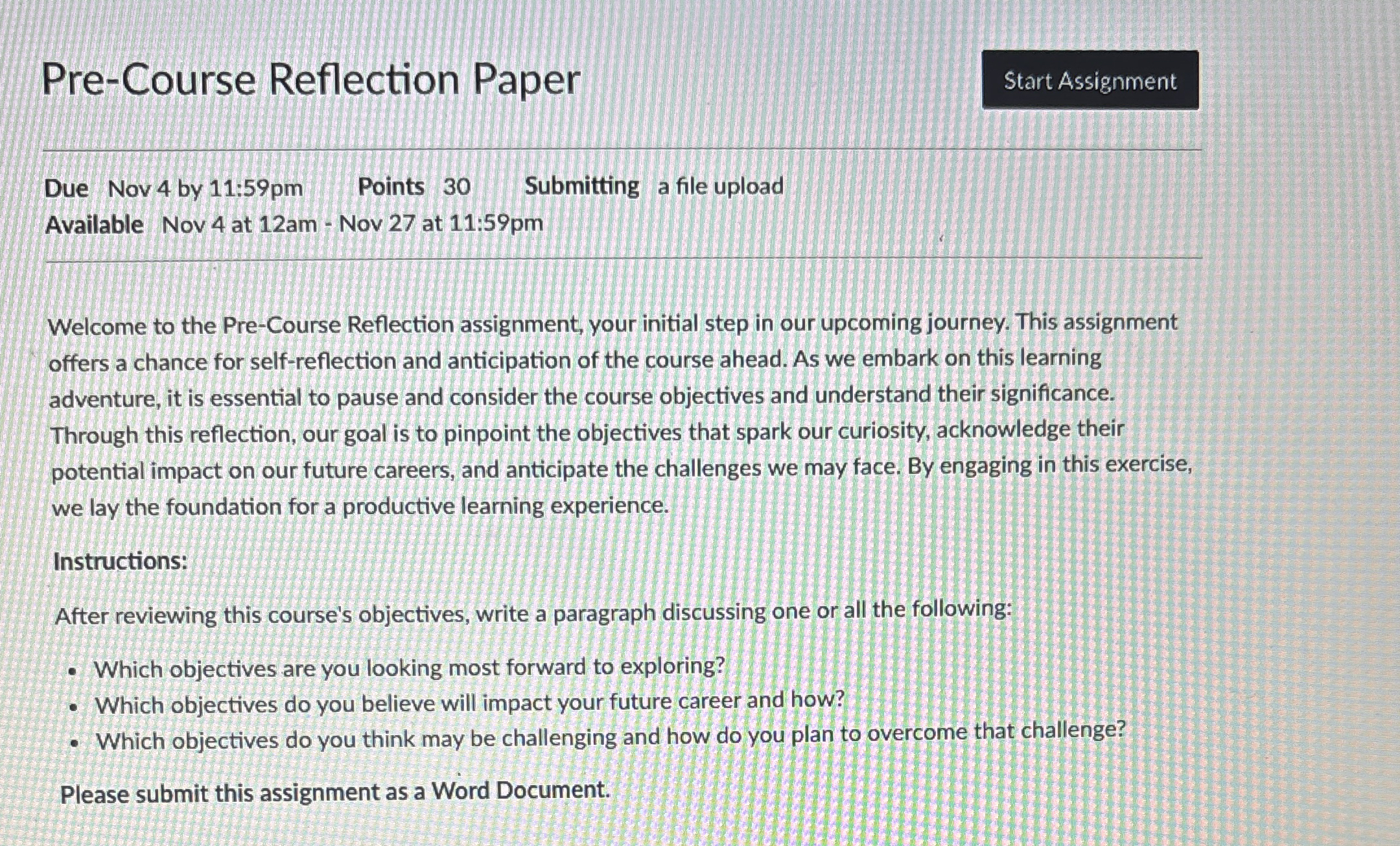 Solved Pre-Course Reflection PaperDue Nov 4 ﻿by 11:59pm | Chegg.com