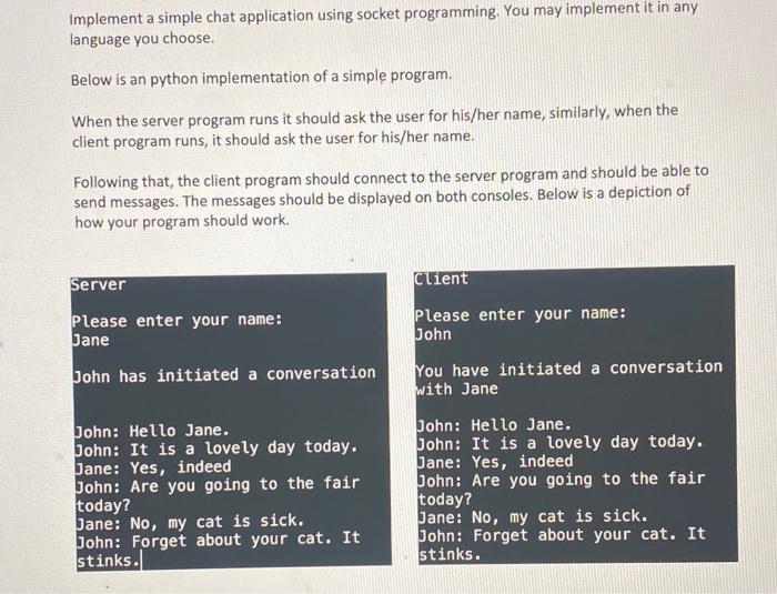 Solved Implement a simple chat application using socket | Chegg.com image.