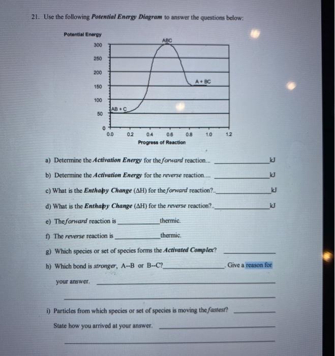 Solved 21. Use the following Potential Energy Diagram to | Chegg.com