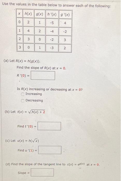 Solved Use the values in the table below to answer each of | Chegg.com