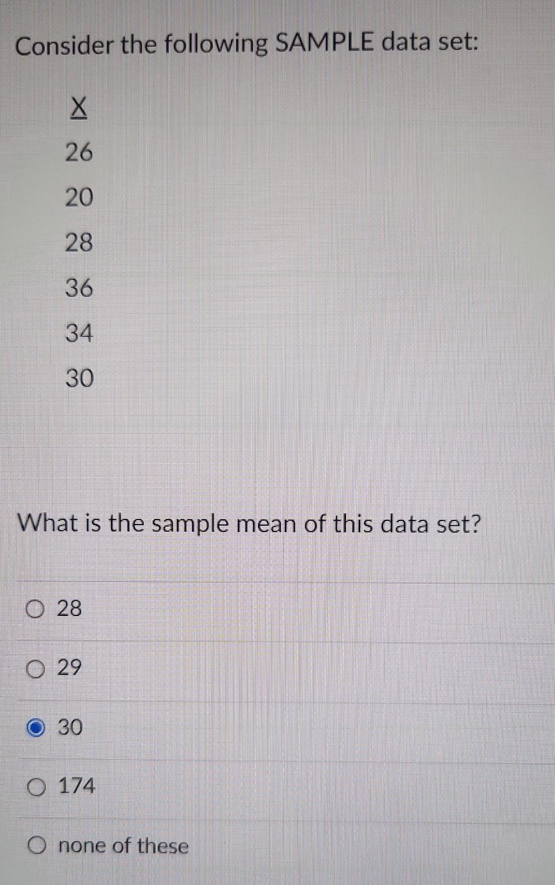 Solved Consider the following SAMPLE data set: X 26 20 28 36 | Chegg.com