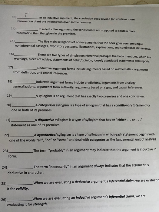 Solved т T 13) In an inductive argument, the conclusion goes | Chegg.com